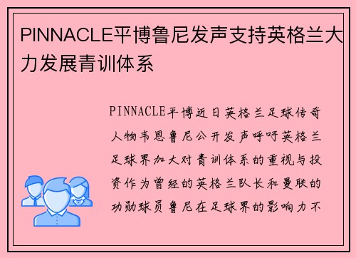 PINNACLE平博鲁尼发声支持英格兰大力发展青训体系