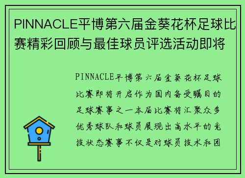 PINNACLE平博第六届金葵花杯足球比赛精彩回顾与最佳球员评选活动即将开启